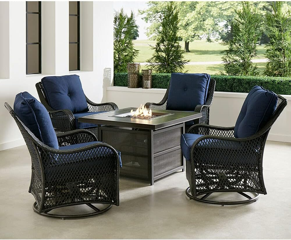 Orleans 5-Piece Steel Patio Fire Pit Conversation Set with Navy Blue Cushions, Swivel Gliders and Square Fire Pit Table