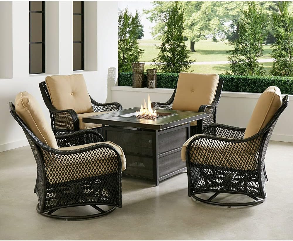 Orleans 5-Piece Steel Patio Fire Pit Conversation Set with Navy Blue Cushions, Swivel Gliders and Square Fire Pit Table