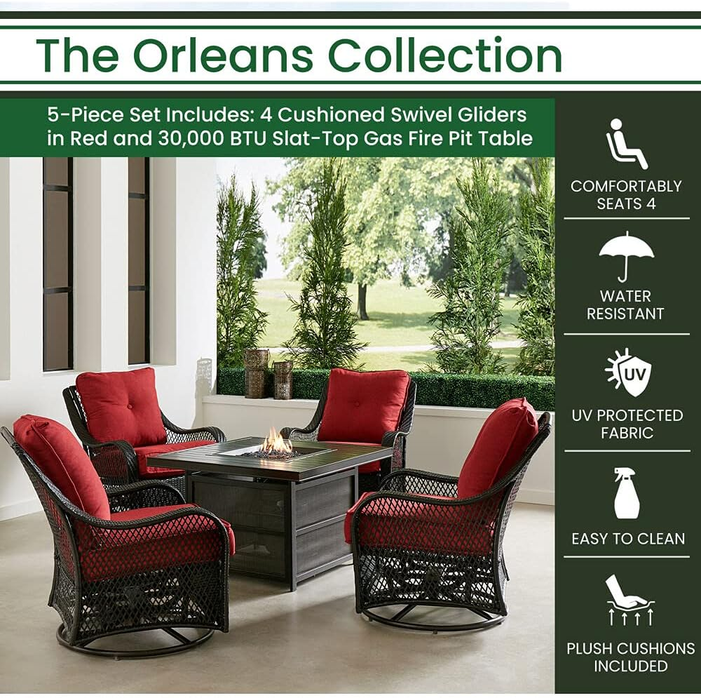 Orleans 5-Piece Steel Patio Fire Pit Conversation Set with Navy Blue Cushions, Swivel Gliders and Square Fire Pit Table