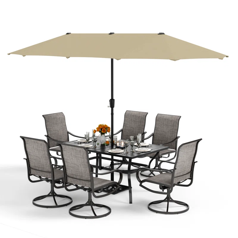 8 Pieces Patio Dining Set with Umbrella,Outdoor Furniture Set with 6 Sling Dining Swivel Chairs