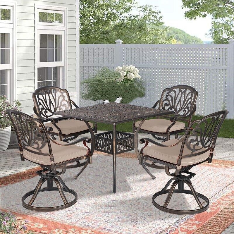 5 Piece Outdoor Dining Patio Set All-Weather Cast Square 4 - Person 35.4" Dining Set