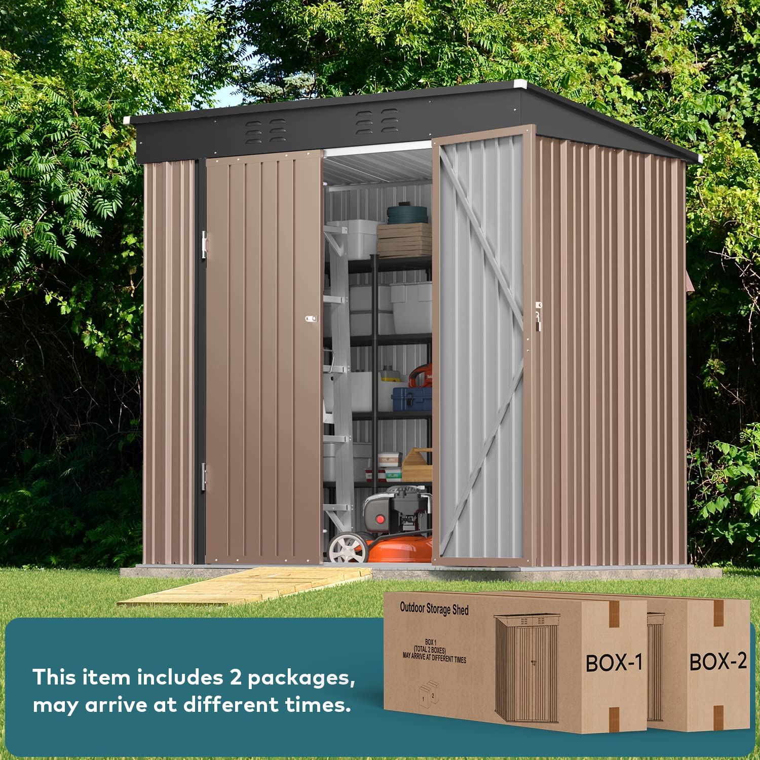 6' x 4' Outdoor Storage Shed, Metal Garden Tool Storage Shed with Double Lockable Doors, Brown