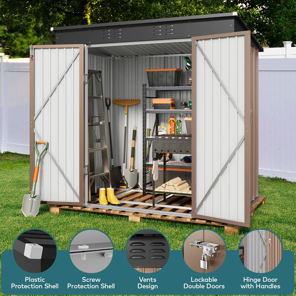 6' x 4' Outdoor Storage Shed, Metal Garden Tool Storage Shed with Double Lockable Doors, Brown