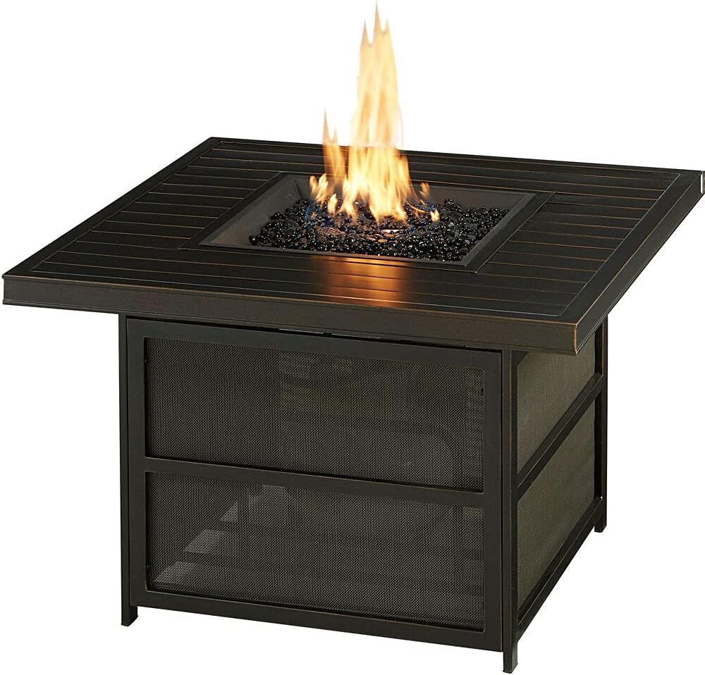 Orleans 5-Piece Steel Patio Fire Pit Conversation Set with Navy Blue Cushions, Swivel Gliders and Square Fire Pit Table
