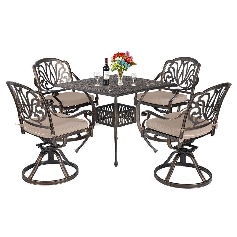 5 Piece Outdoor Dining Patio Set All-Weather Cast Square 4 - Person 35.4" Dining Set