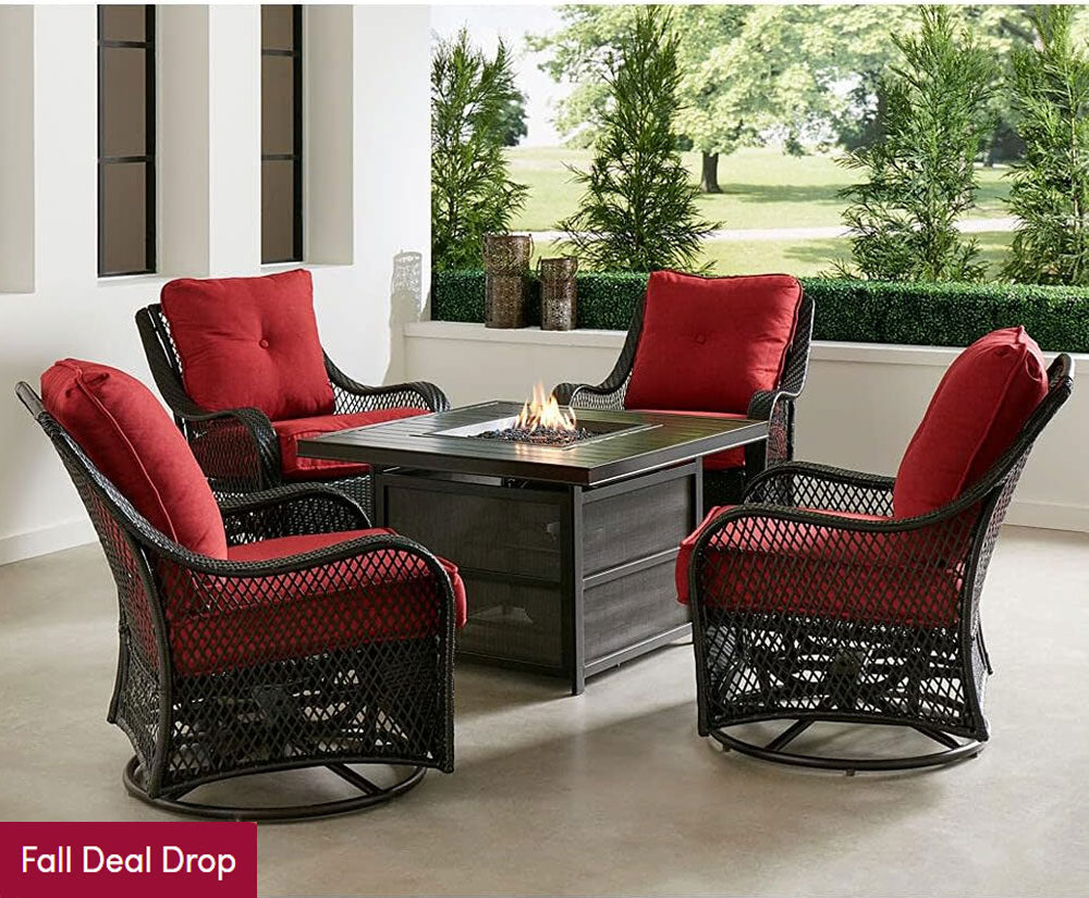 Orleans 5-Piece Steel Patio Fire Pit Conversation Set with Navy Blue Cushions, Swivel Gliders and Square Fire Pit Table