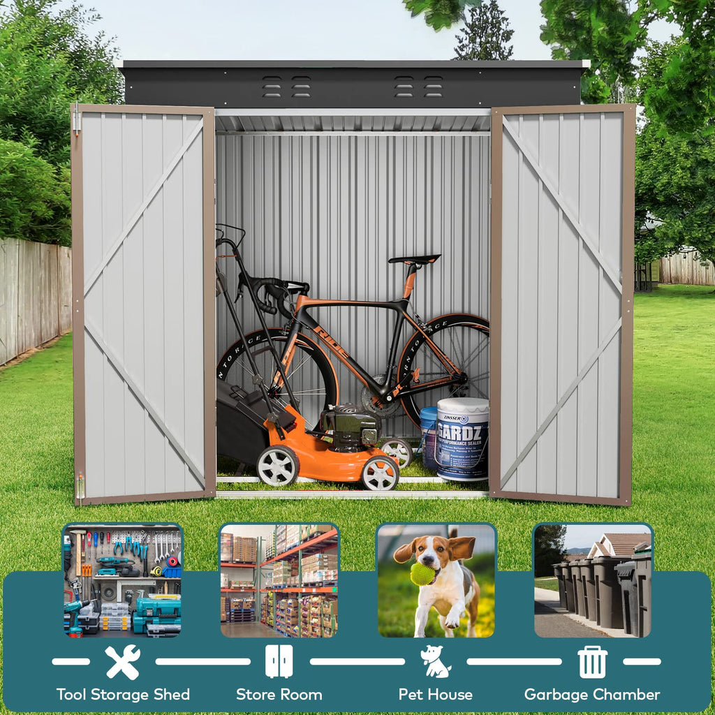 6' x 4' Outdoor Storage Shed, Metal Garden Tool Storage Shed with Double Lockable Doors, Brown